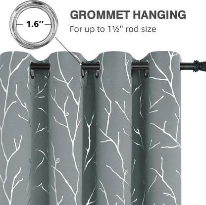 Light Grey Blackout Bedroom Curtains, Black Out Curtains 63 Inch Long 2 Panels, Window Curtains Panels, Windproof Elegant Tree Branches Silver Print Drapes 38W X 63L