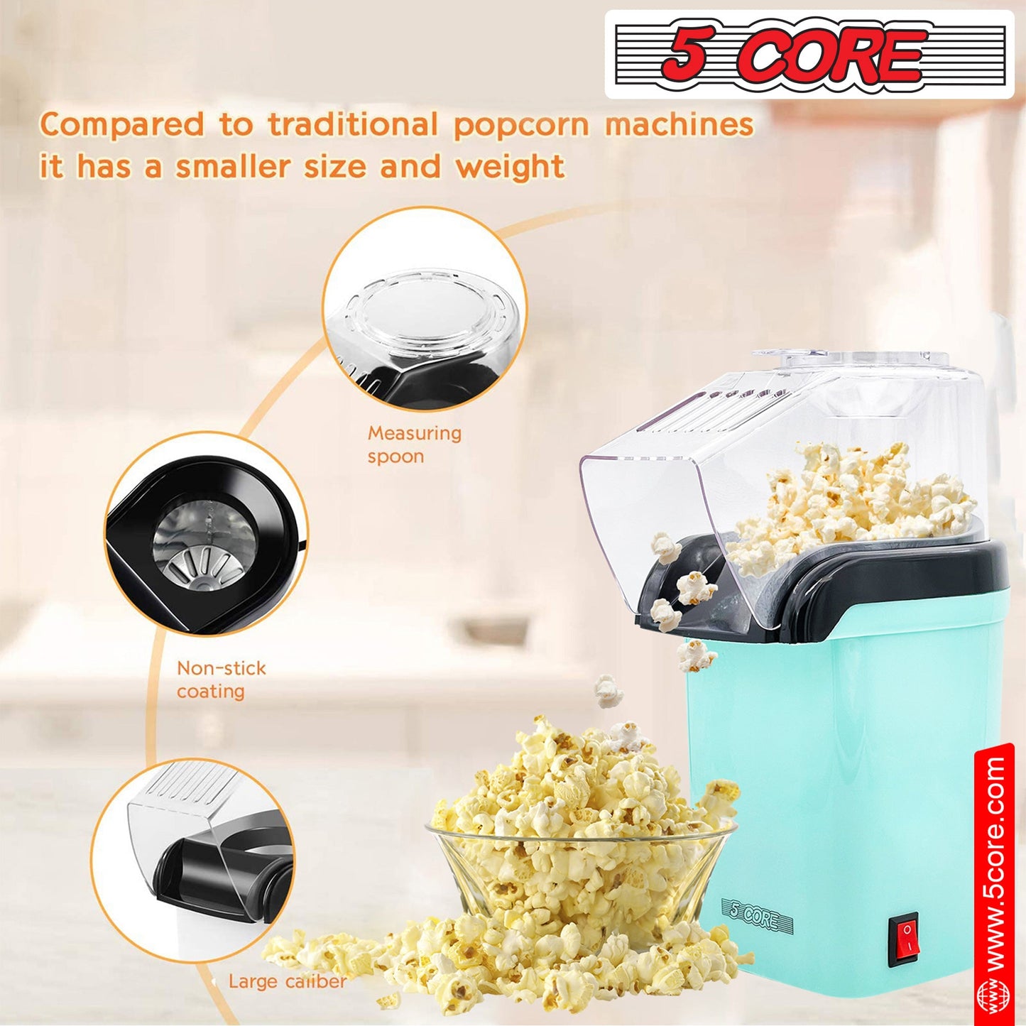 5Core Hot Air Popcorn Machine, 16 Cup, Electric Oil-Free Pop Corn