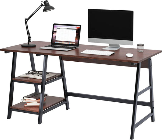 55Inch Desk Computer Desk with Shelf Office Desk Computer Workstation Trestle Desk PC Desk (Red Walnut, 55 Inches)