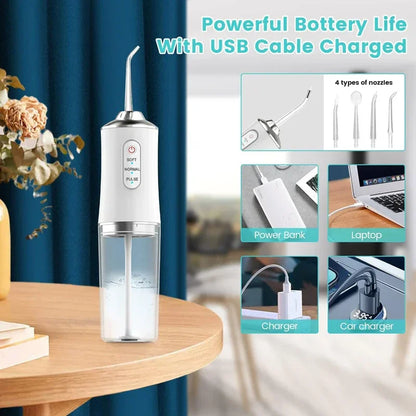 Oral Irrigator Portable Dental Water Flosser USB Rechargeable Water Jet Floss Tooth Pick 4 Jet Tip 220Ml 3 Modes IPX7 1400Rpm