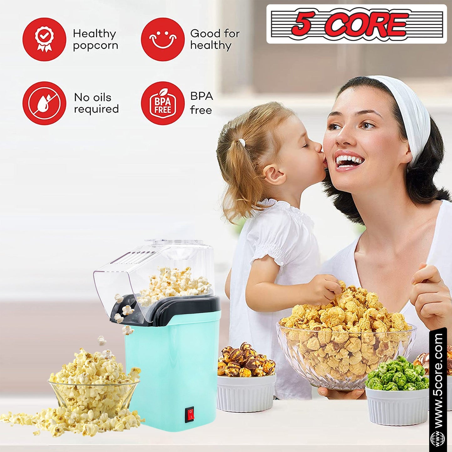 5Core Hot Air Popcorn Machine, 16 Cup, Electric Oil-Free Pop Corn