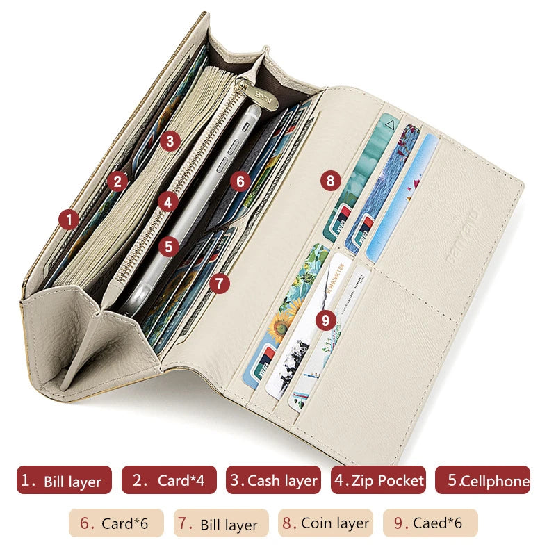 2024 New Design Women Wallets Fashion Long Phone Purse Luxury Genuine Leather Ladies Card Holder Stripe Wallet Cartera de mujer