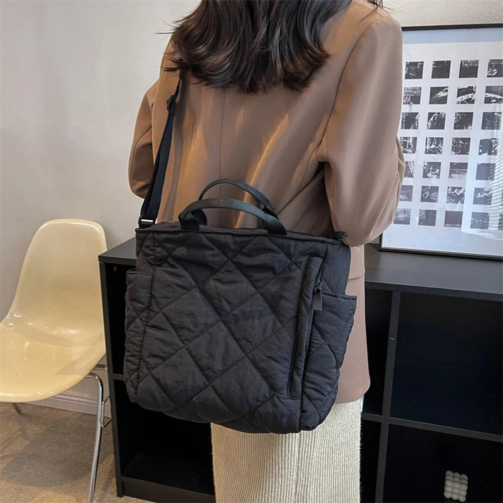 Fashion Cotton Padded Handbag Solid Color Large Capacity Autumn Winter Casual Ladies Quilted Crossbody Bag Luxury Designer Tote