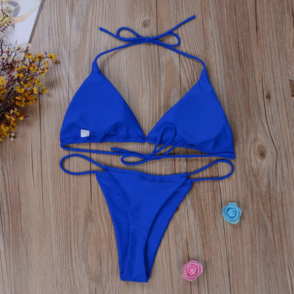 Sexy Women Thong Bikini Set Side Halter Tie Swimsuit Ladies Split