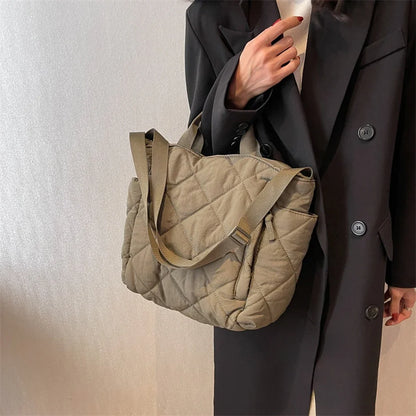 Fashion Cotton Padded Handbag Solid Color Large Capacity Autumn Winter Casual Ladies Quilted Crossbody Bag Luxury Designer Tote