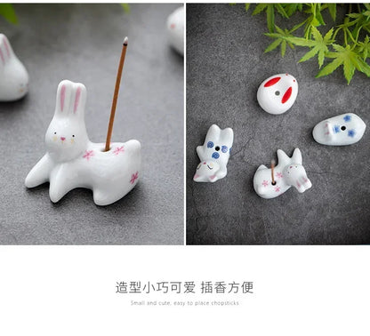 Japanese Style Cartoon Rabbit and Kitten Incense Holder Ceramic Cute Incense Burner Ornament Creative Home Decor Table Craft