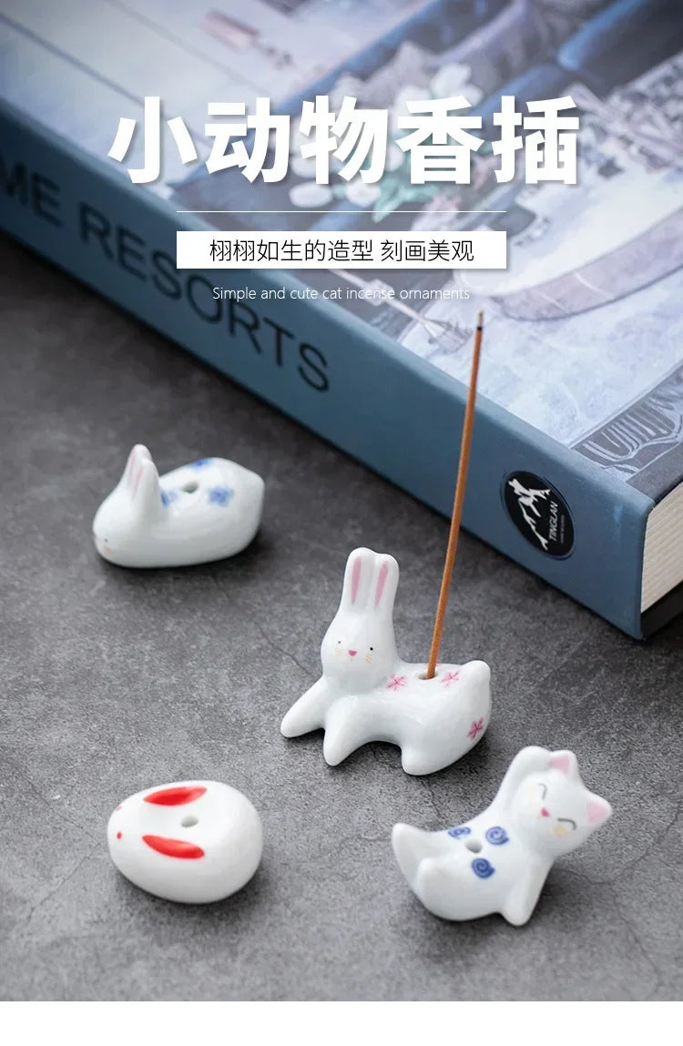 Japanese Style Cartoon Rabbit and Kitten Incense Holder Ceramic Cute Incense Burner Ornament Creative Home Decor Table Craft