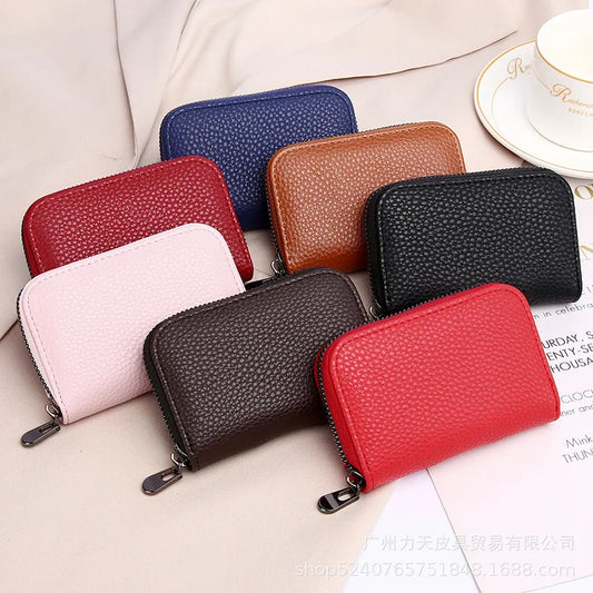 Genuine Leather Men Women Card Holder Small Zipper Wallet Solid Coin Purse Accordion Design rfid ID Business Credit Card Bags