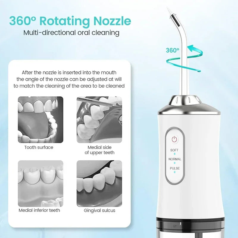 Oral Irrigator Portable Dental Water Flosser USB Rechargeable Water Jet Floss Tooth Pick 4 Jet Tip 220Ml 3 Modes IPX7 1400Rpm