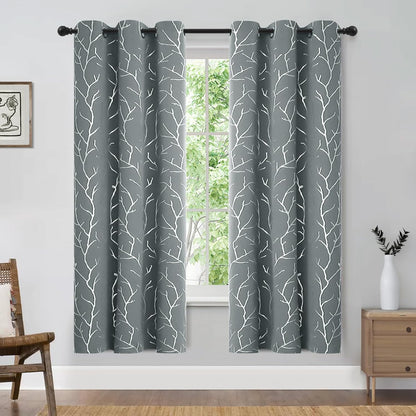 Light Grey Blackout Bedroom Curtains, Black Out Curtains 63 Inch Long 2 Panels, Window Curtains Panels, Windproof Elegant Tree Branches Silver Print Drapes 38W X 63L