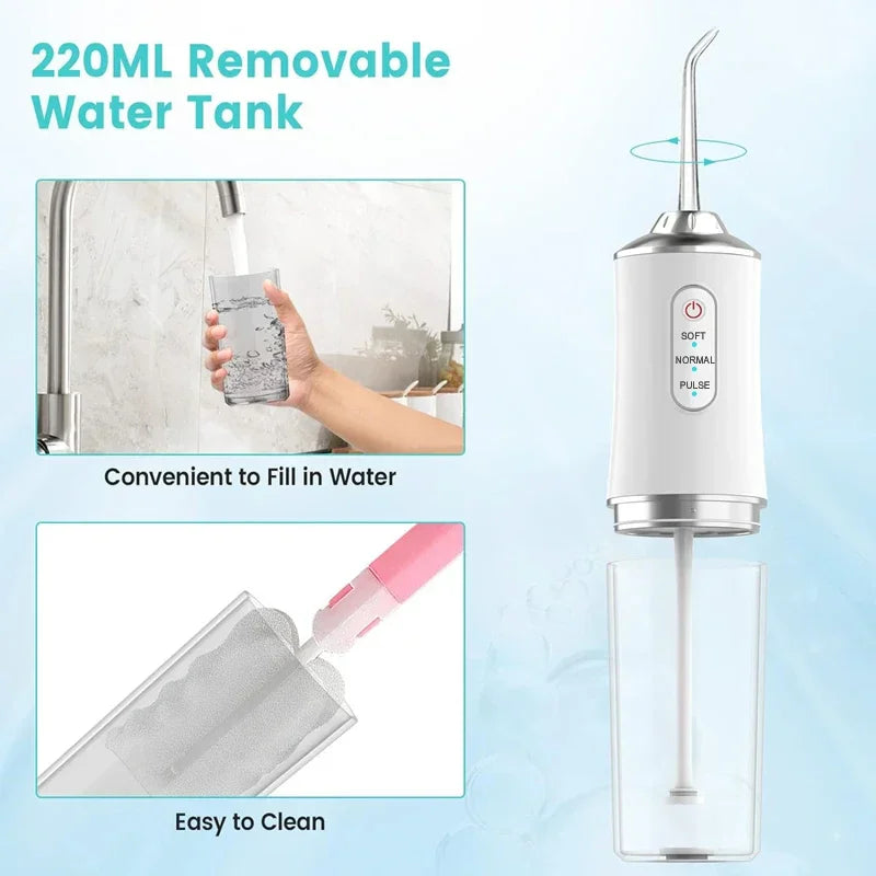 Oral Irrigator Portable Dental Water Flosser USB Rechargeable Water Jet Floss Tooth Pick 4 Jet Tip 220Ml 3 Modes IPX7 1400Rpm