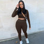 2 Piece Set Long Sleeve Solid Crop Top and Leggings